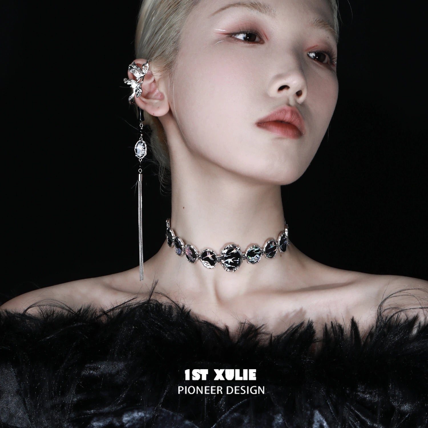1ST XULIE "Soaring Cranes" Statement Crane Wing Tassel No-Piercing Ear Wraps in Platinum Plated - Side View
