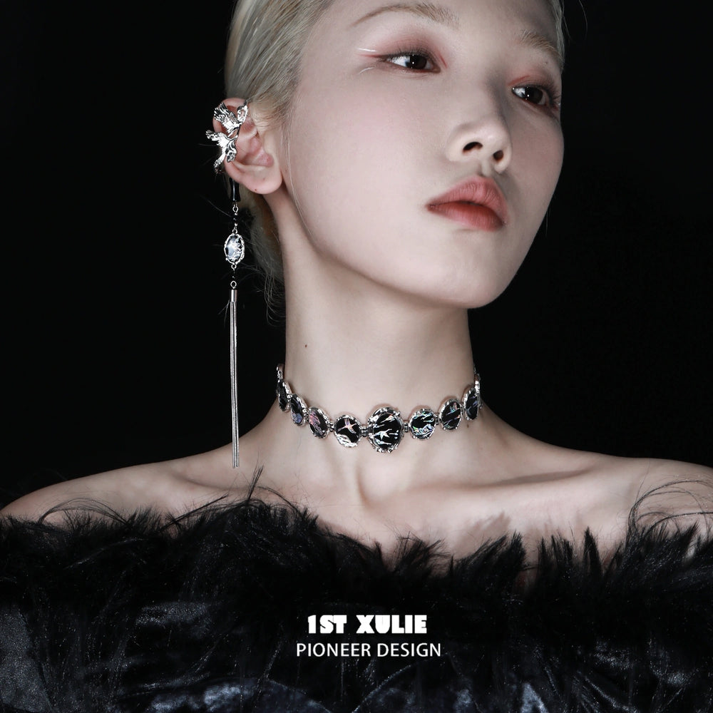 1ST XULIE "Soaring Cranes" Statement Crane Wing Tassel No-Piercing Ear Wraps in Platinum Plated - Side View