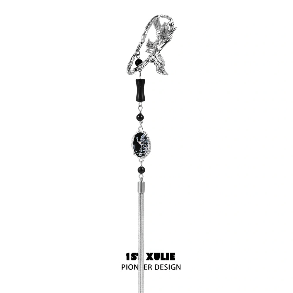 1ST XULIE "Soaring Cranes" Elegant Crane Wing Agate Tassel Ear Clips in Platinum Plated - Angled Product View