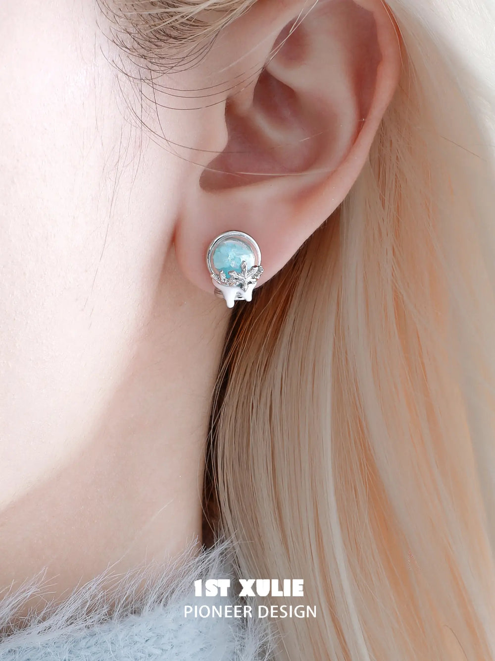 1ST XULIE "Snow Land" Crystal Snowflake Stud Earrings in Platinum - Detail Shot