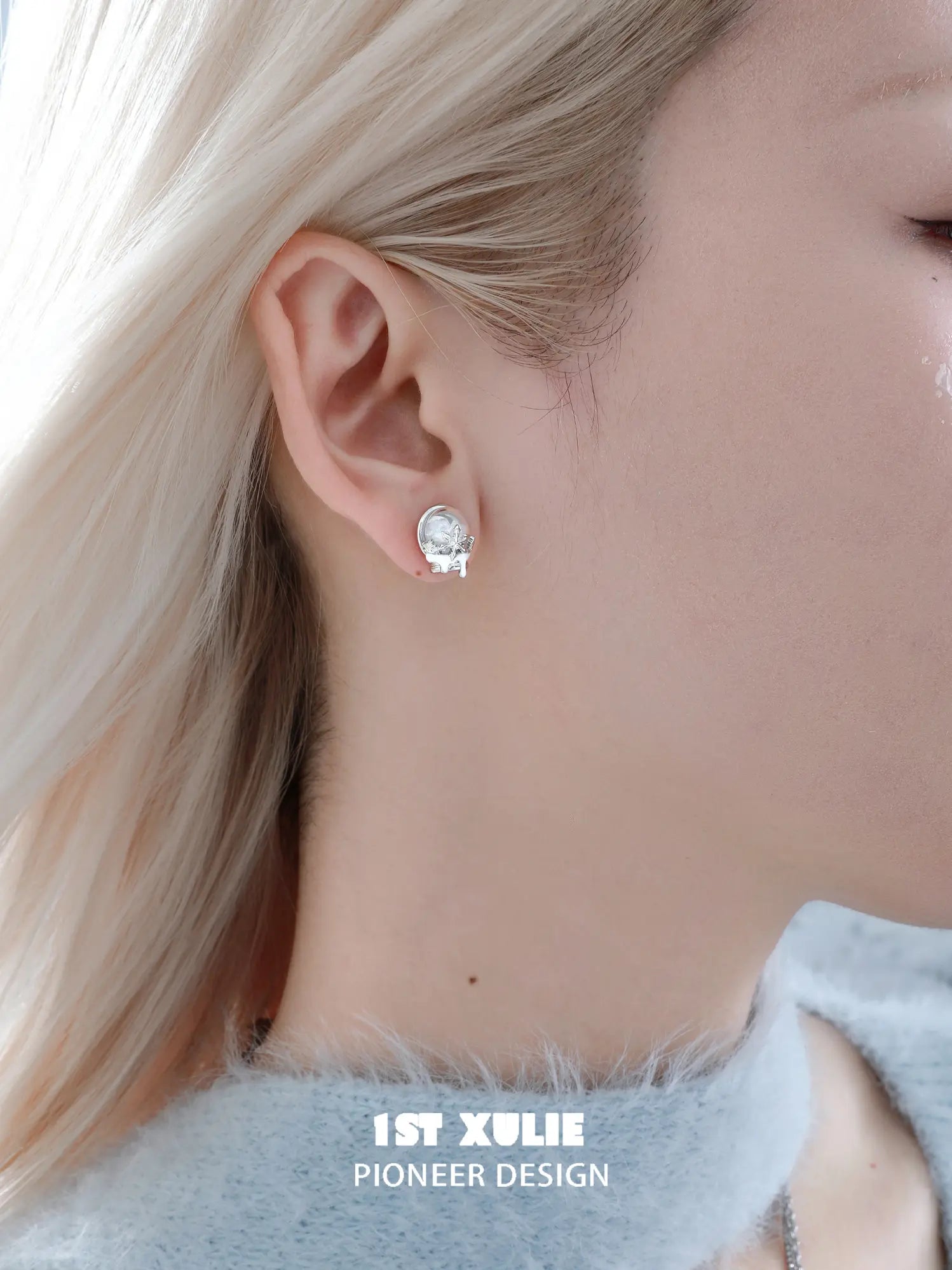 1ST XULIE "Snow Land" Crystal Snowflake Stud Earrings in Platinum - Side View