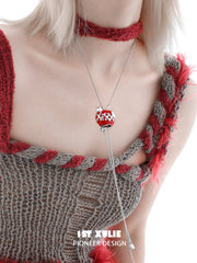 1ST XULIE Jewelry "Cuties' Appleland" Cute Apple Puppy & Kitty Charm Necklace in Platinum Plated - On Model