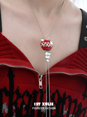 1ST XULIE Jewelry "Cuties' Appleland" Cute Apple Puppy & Kitty Charm Necklace in Platinum Plated - Side View