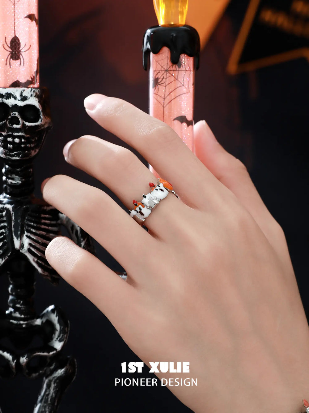1ST XULIE "CANDLELIGHT GHOST" Cute Candlelight Ghost Adjustable Ring in 925 Sterling Silver - Product View