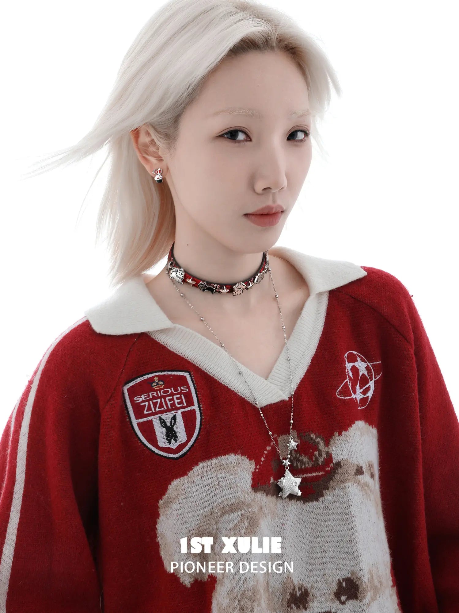 1ST XULIE "Cuties' Appleland" Cute Enamel Cat Paw Apple Studs in Platinum Plated Brass - On Model Close Up