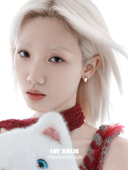 1ST XULIE "Cuties' Appleland" Cute Enamel Cat Paw Apple Studs in Platinum Plated Brass - On Model