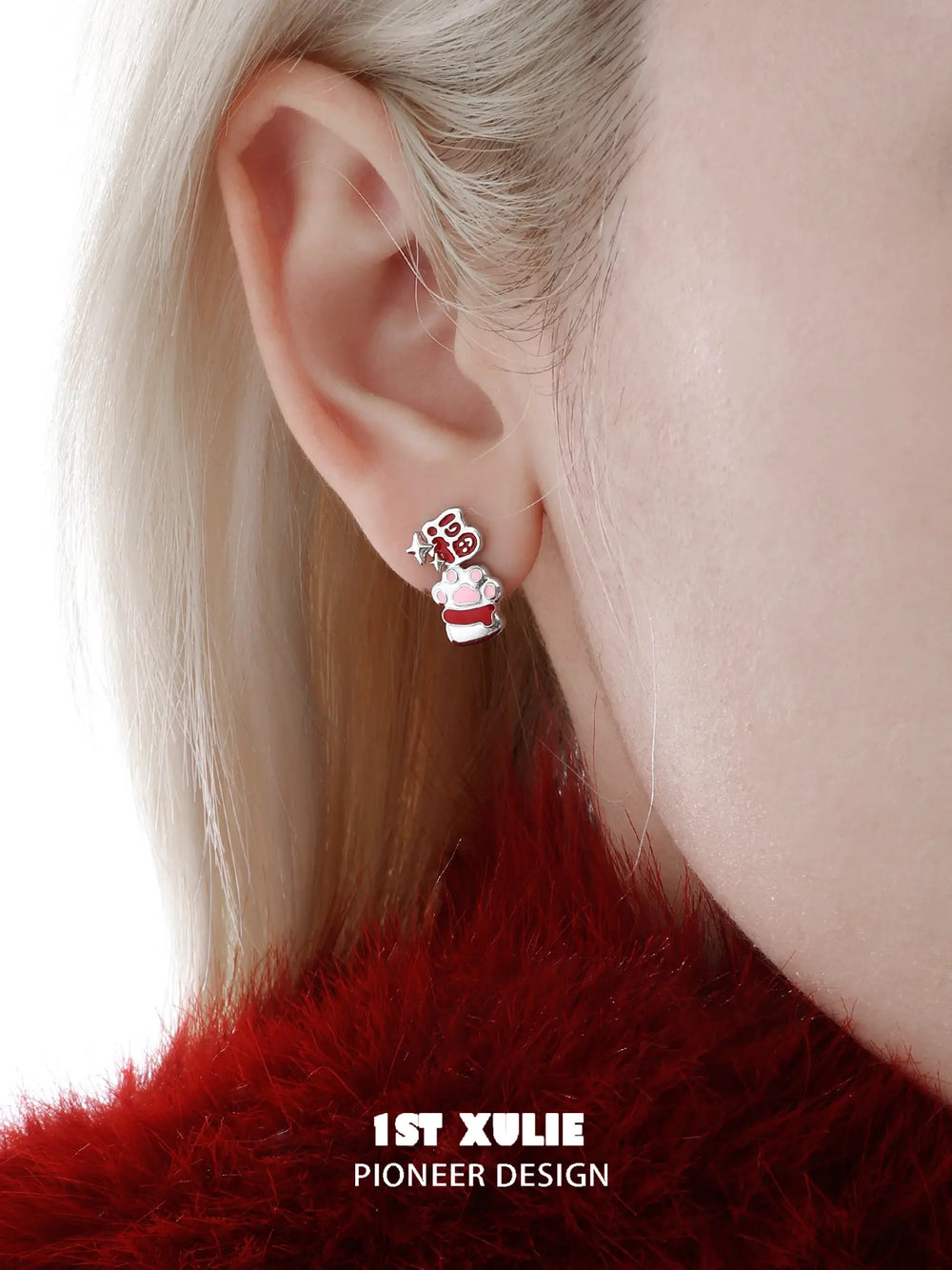 1ST XULIE "Cuties' Appleland" Cute Enamel Cat Paw Apple Studs in Platinum Plated Brass - On Model