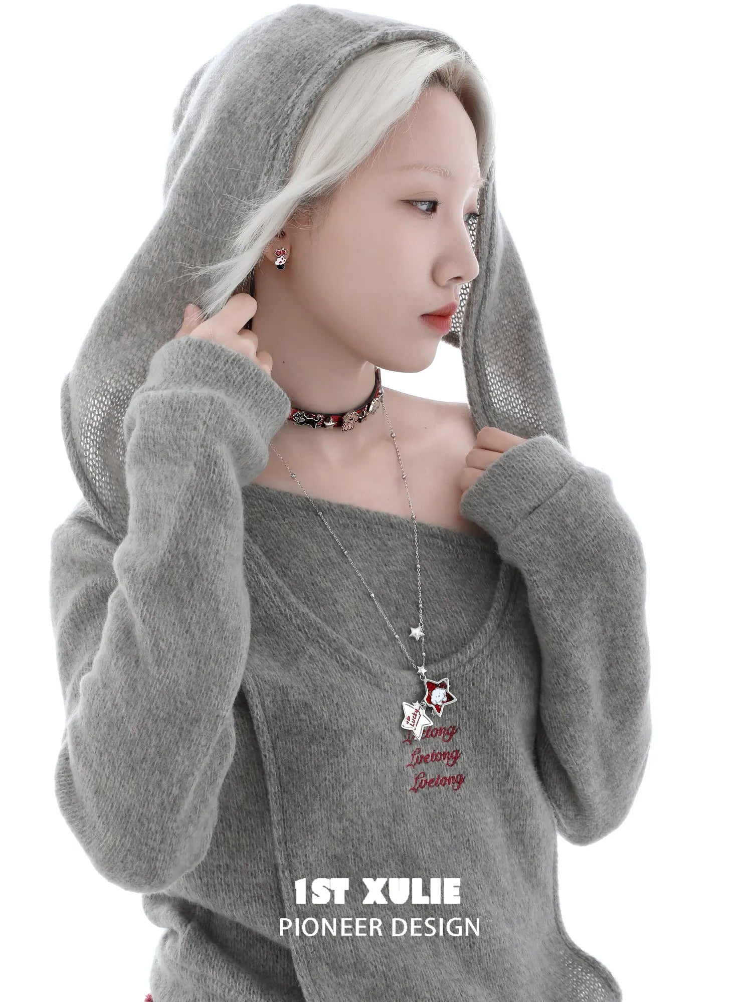 1ST XULIE "Cuties' Appleland" Cute Enamel Cat Paw Apple Studs in Platinum Plated Brass - On Model