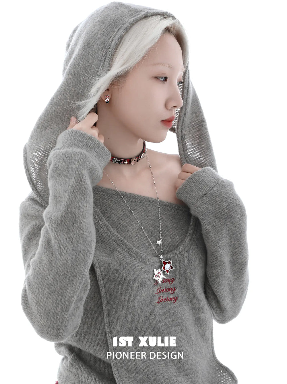 1ST XULIE "Cuties' Appleland" Cute Enamel Cat Paw Apple Studs in Platinum Plated Brass - On Model