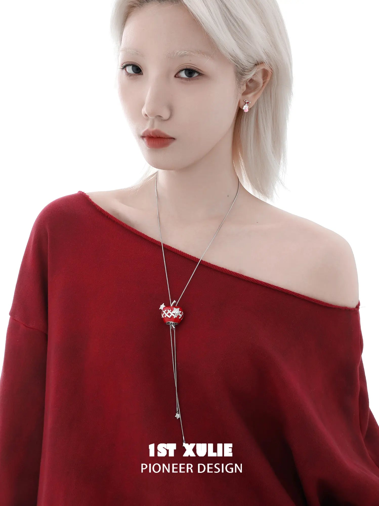 1ST XULIE "Cuties' Appleland" Cute Enamel Cat Paw Apple Studs in Platinum Plated Brass - On Model