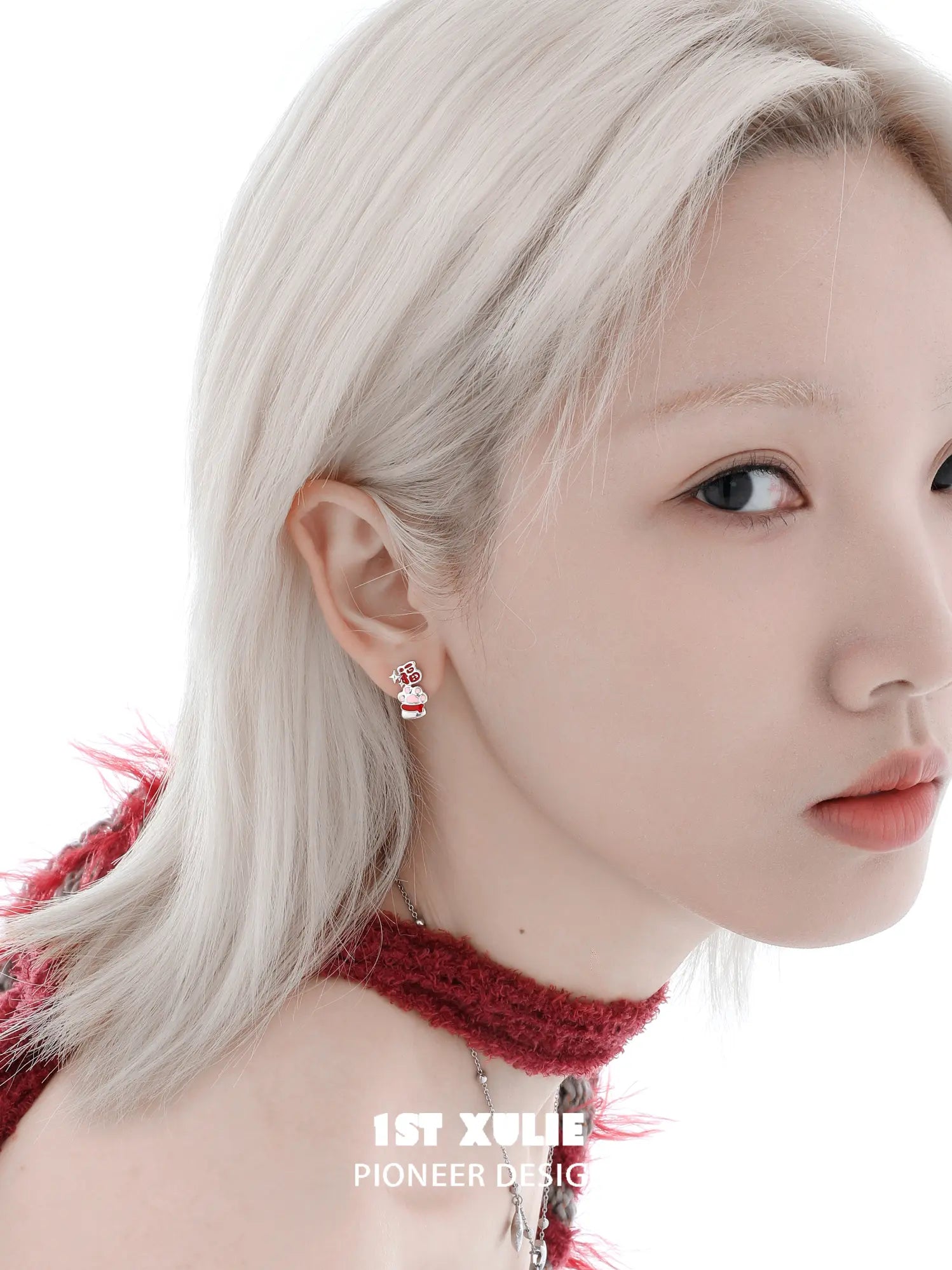 1ST XULIE "Cuties' Appleland" Cute Enamel Cat Paw Apple Studs in Platinum Plated Brass - On Model Close Up