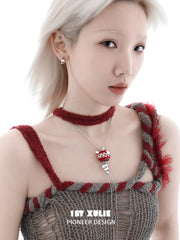 1ST XULIE "Cuties' Appleland" Cute Enamel Cat Paw Apple Studs in Platinum Plated Brass - On Model Close Up