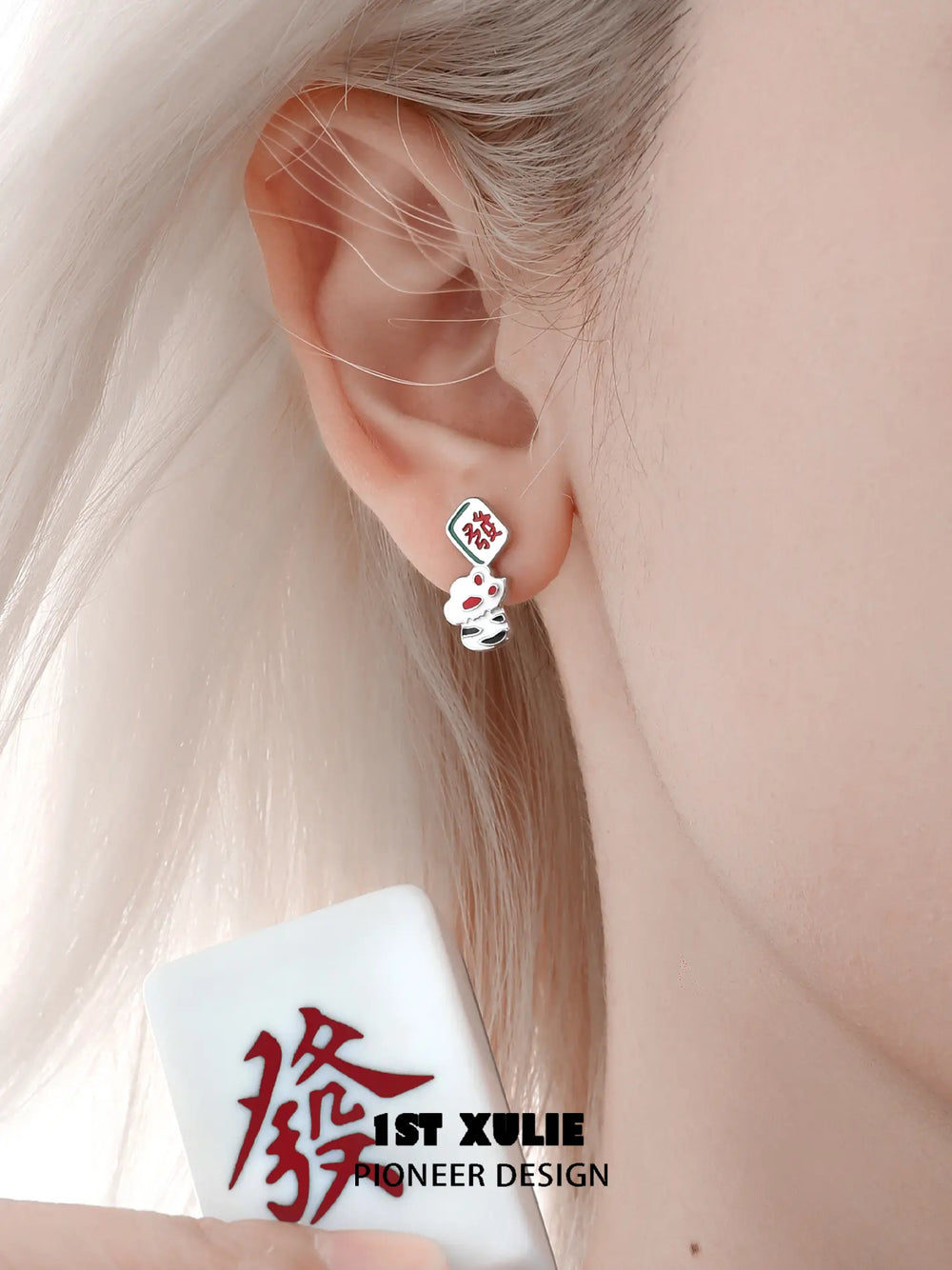 1ST XULIE "Cuties' Appleland" Cute Enamel Cat Paw Apple Studs in Platinum Plated Brass - Side View