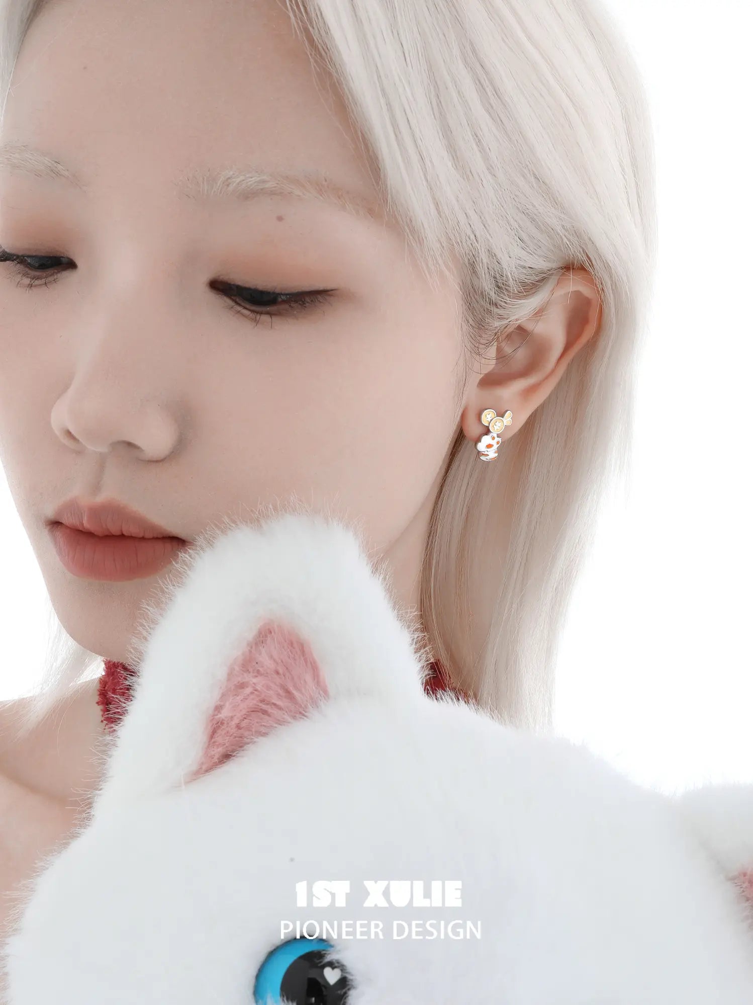 1ST XULIE "Cuties' Appleland" Cute Enamel Cat Paw Apple Studs in Platinum Plated Brass - Side View