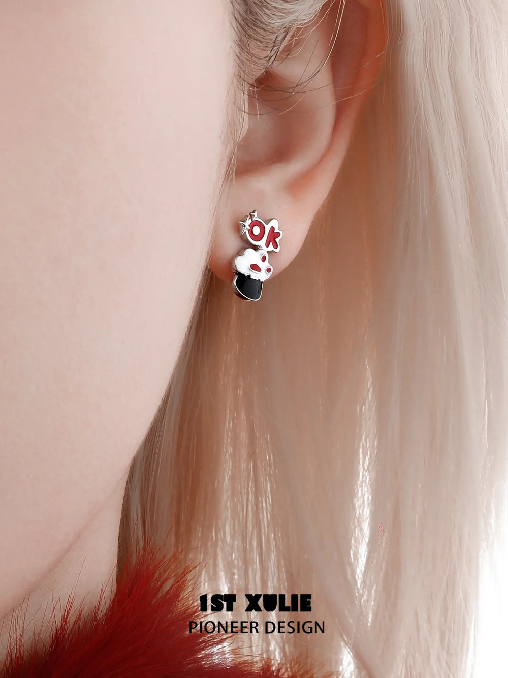 1ST XULIE "Cuties' Appleland" Cute Enamel Cat Paw Apple Studs in Platinum Plated Brass - Side View