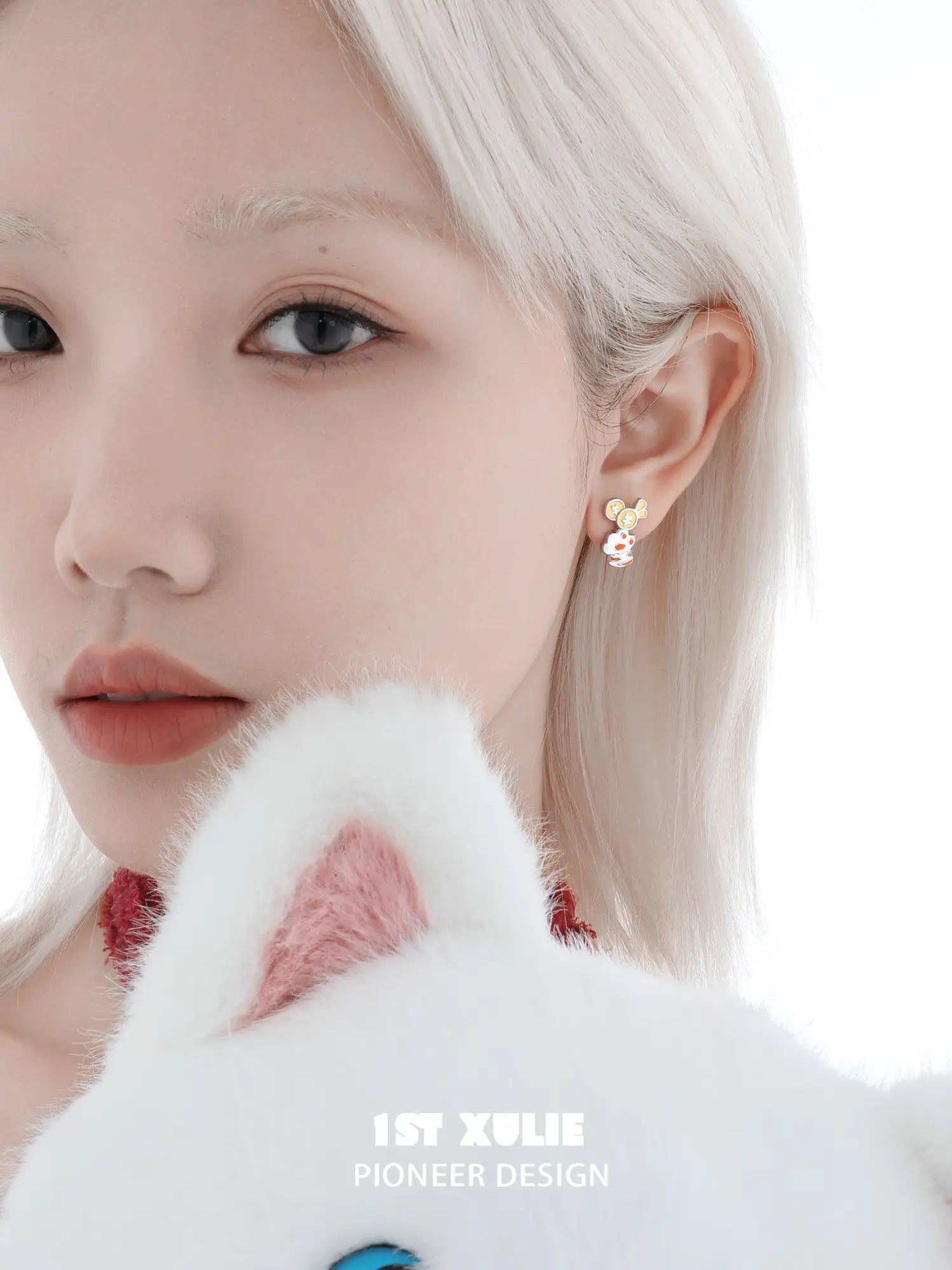 1ST XULIE "Cuties' Appleland" Cute Enamel Cat Paw Apple Studs in Platinum Plated Brass - Side View