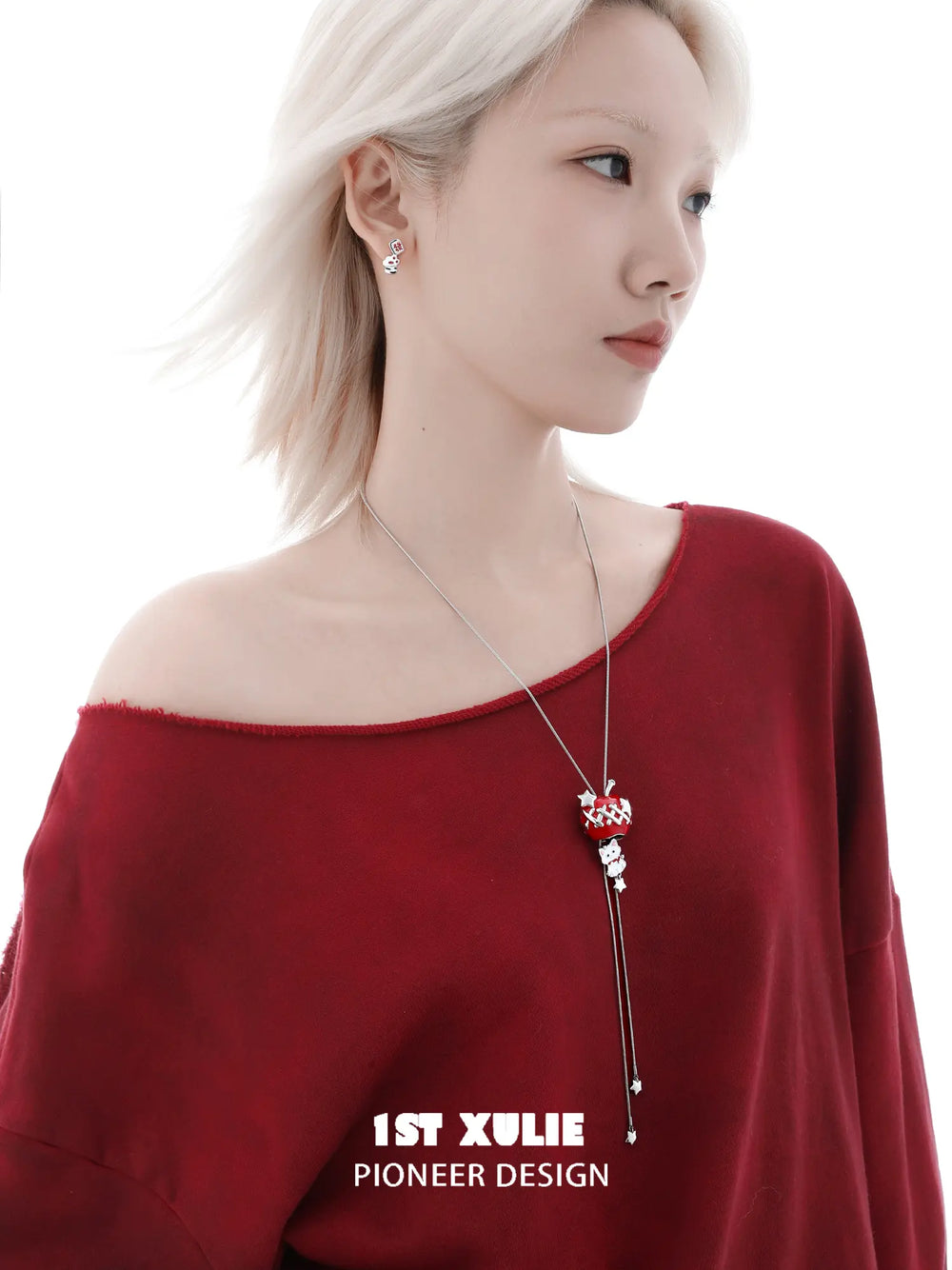 1ST XULIE "Cuties' Appleland" Cute Enamel Cat Paw Apple Studs in Platinum Plated Brass - Side View