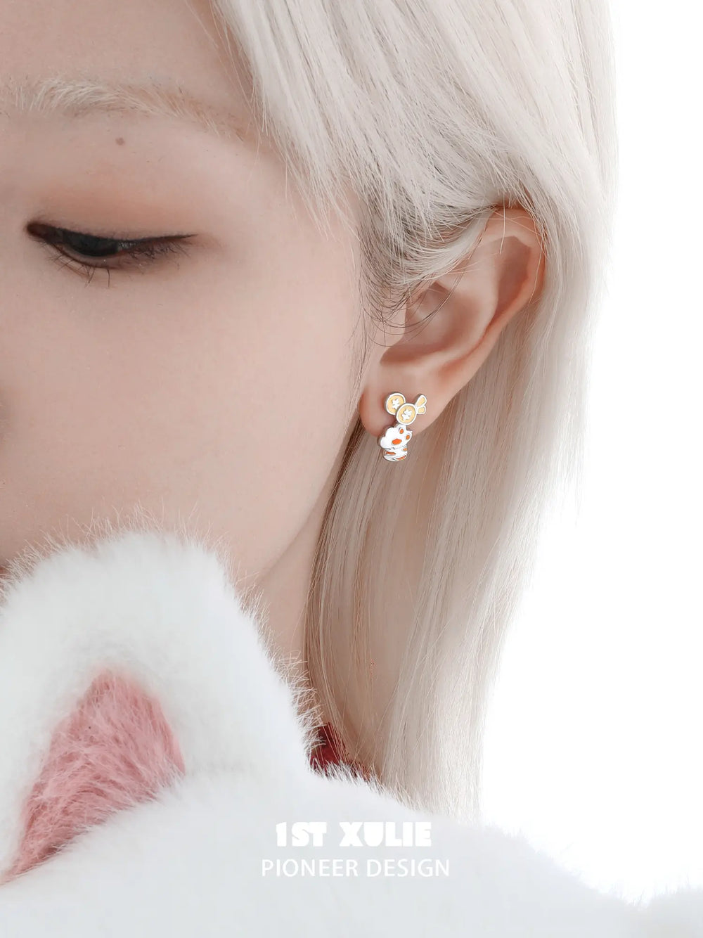 1ST XULIE "Cuties' Appleland" Cute Enamel Cat Paw Apple Studs in Platinum Plated Brass - Side View