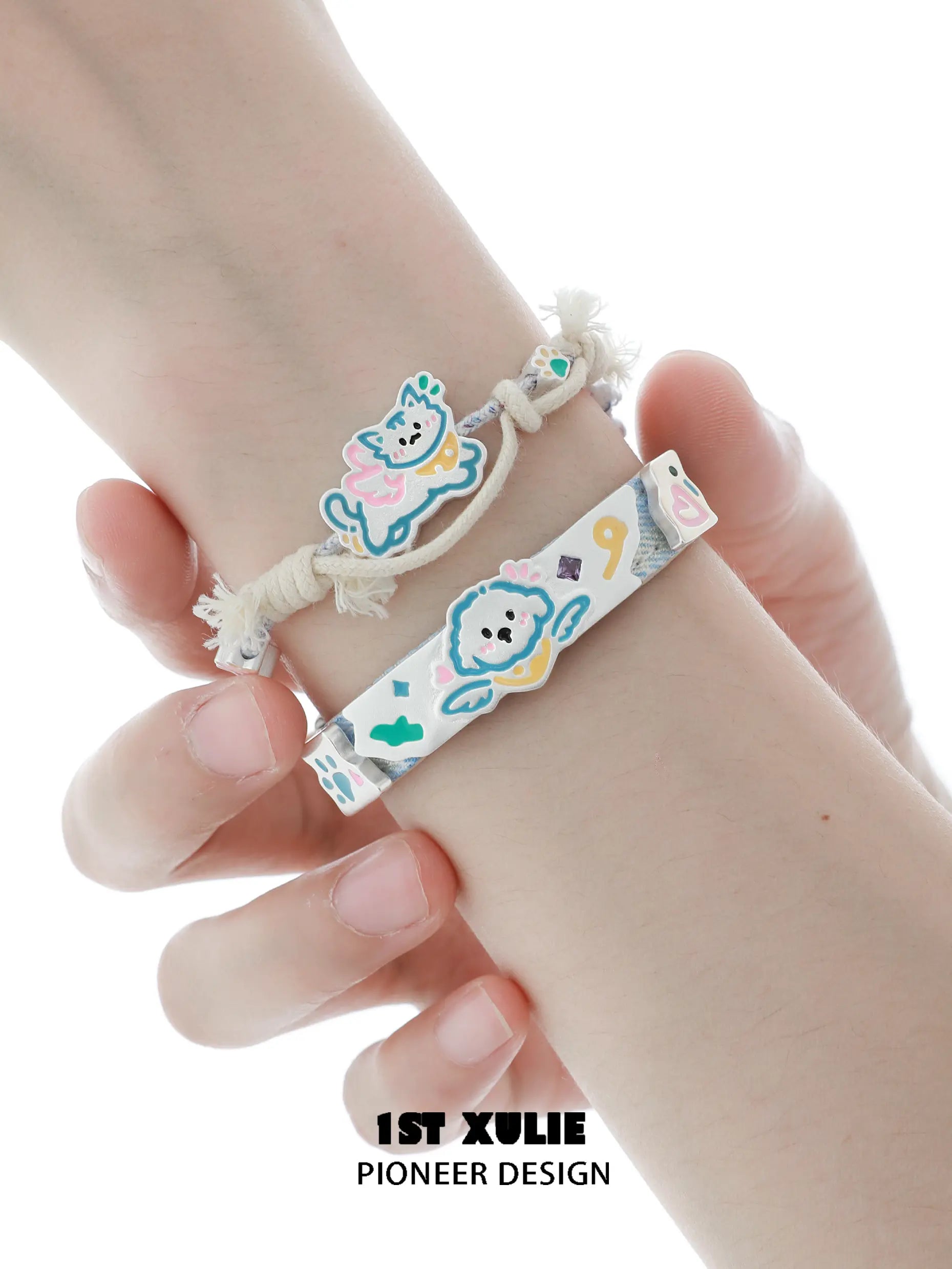1ST XULIE "Angel Cuties" Handwoven Cute Pet Friendship Rope Bracelet in 18K Gold Plated Brass - On Model Close-up