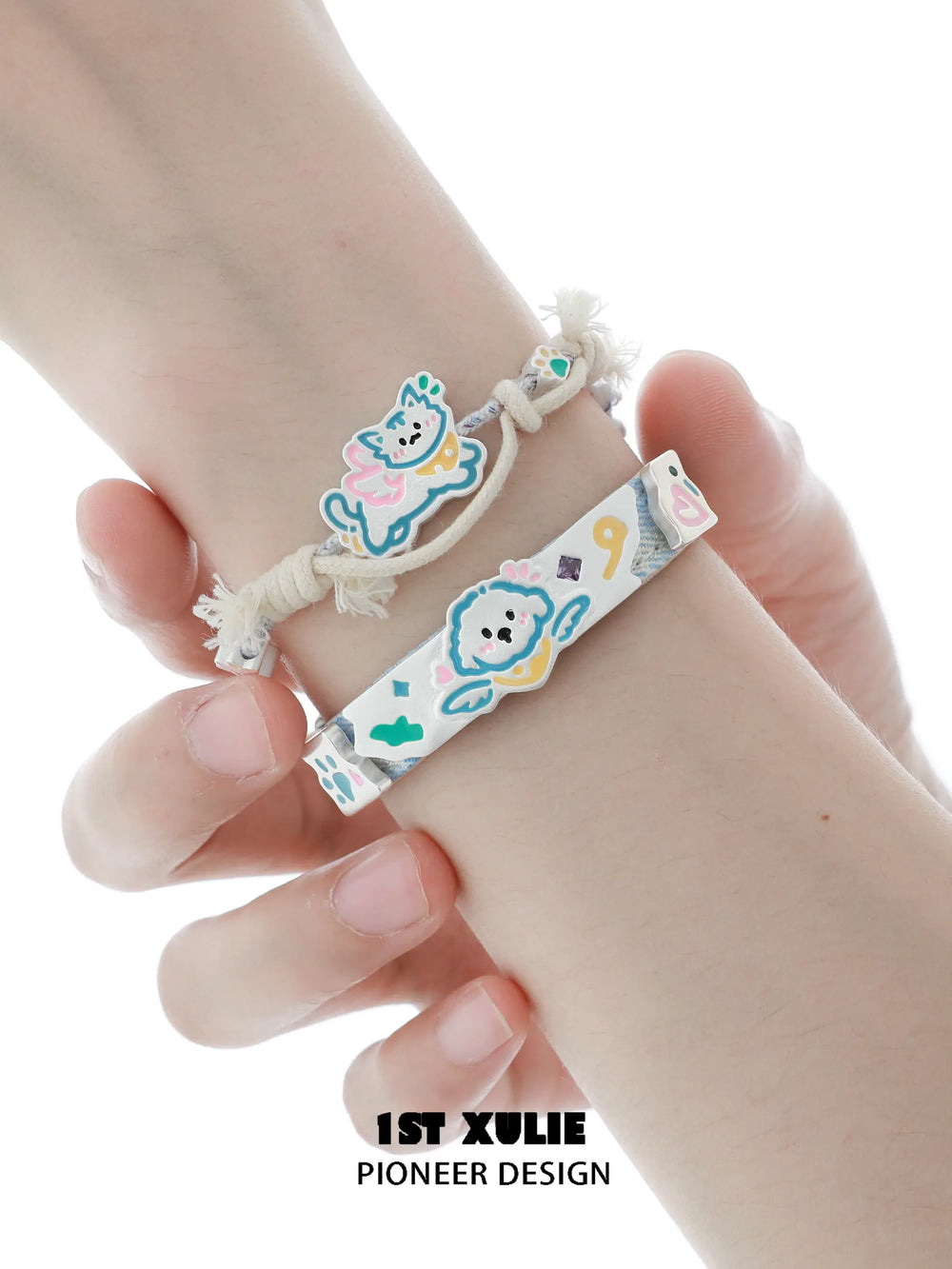 1ST XULIE "Angel Cuties" Handwoven Cute Pet Friendship Rope Bracelet in 18K Gold Plated Brass - On Model Close-up