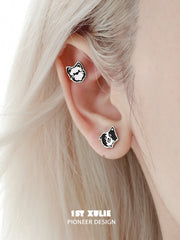 1ST XULIE "Graffiti Puppy" Cute Puppy Family Stud Earrings in 925 Sterling Silver - On Model