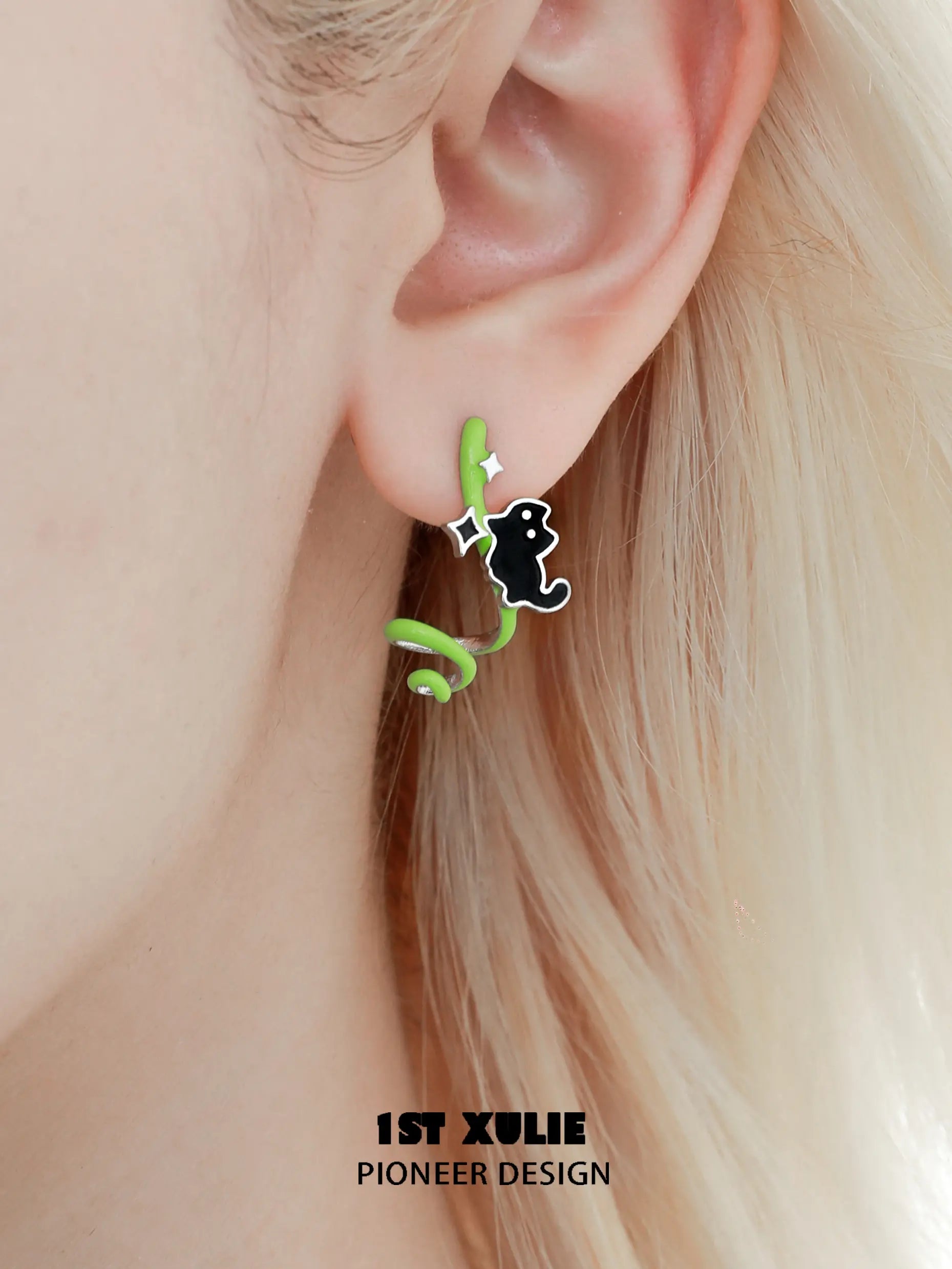 1ST XULIE "Cuties' Appleland" Cyclone Apple Statement Dangle EarHooks in Platinum Plated Brass - On Model Side Profile