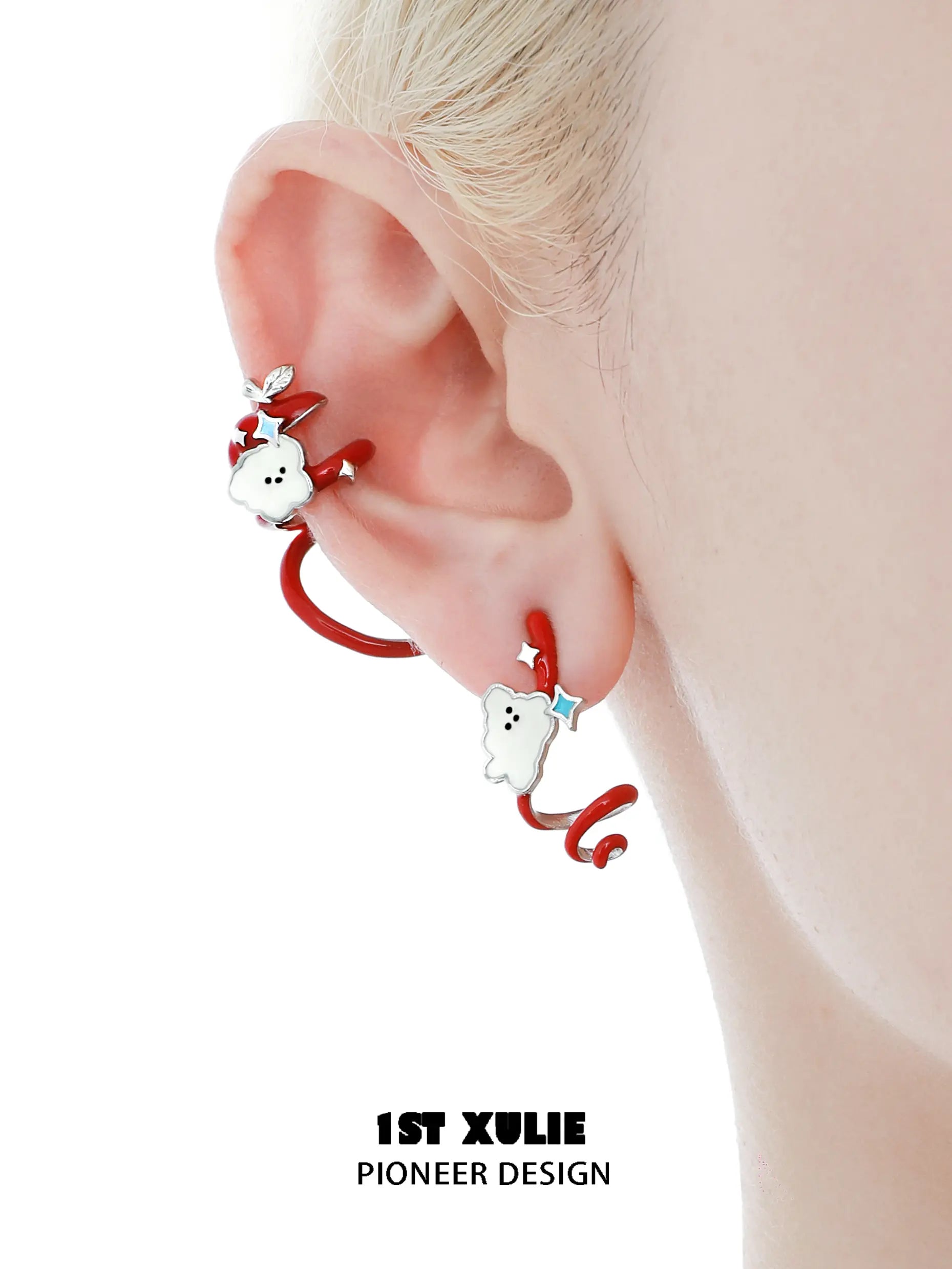 1ST XULIE "Cuties' Appleland" Cyclone Apple Statement Dangle EarHooks in Platinum Plated Brass - On Model