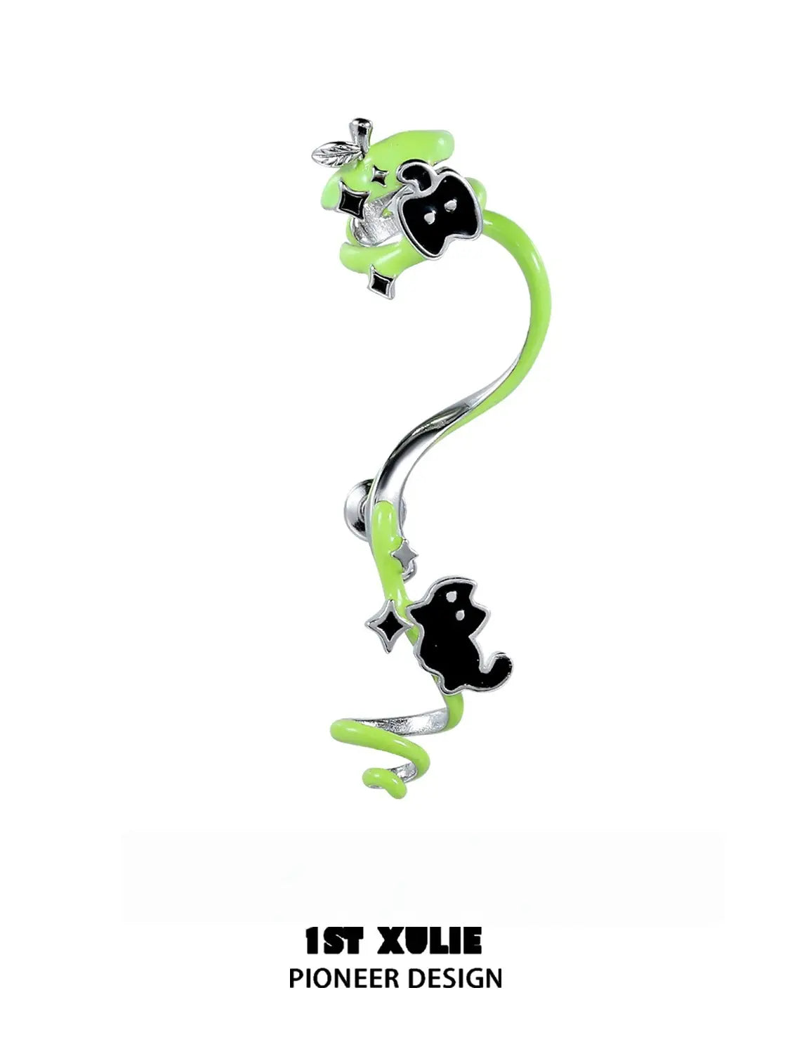 1ST XULIE "Cuties' Appleland" Cyclone Apple Statement Dangle EarHooks in Platinum Plated Brass - Side View