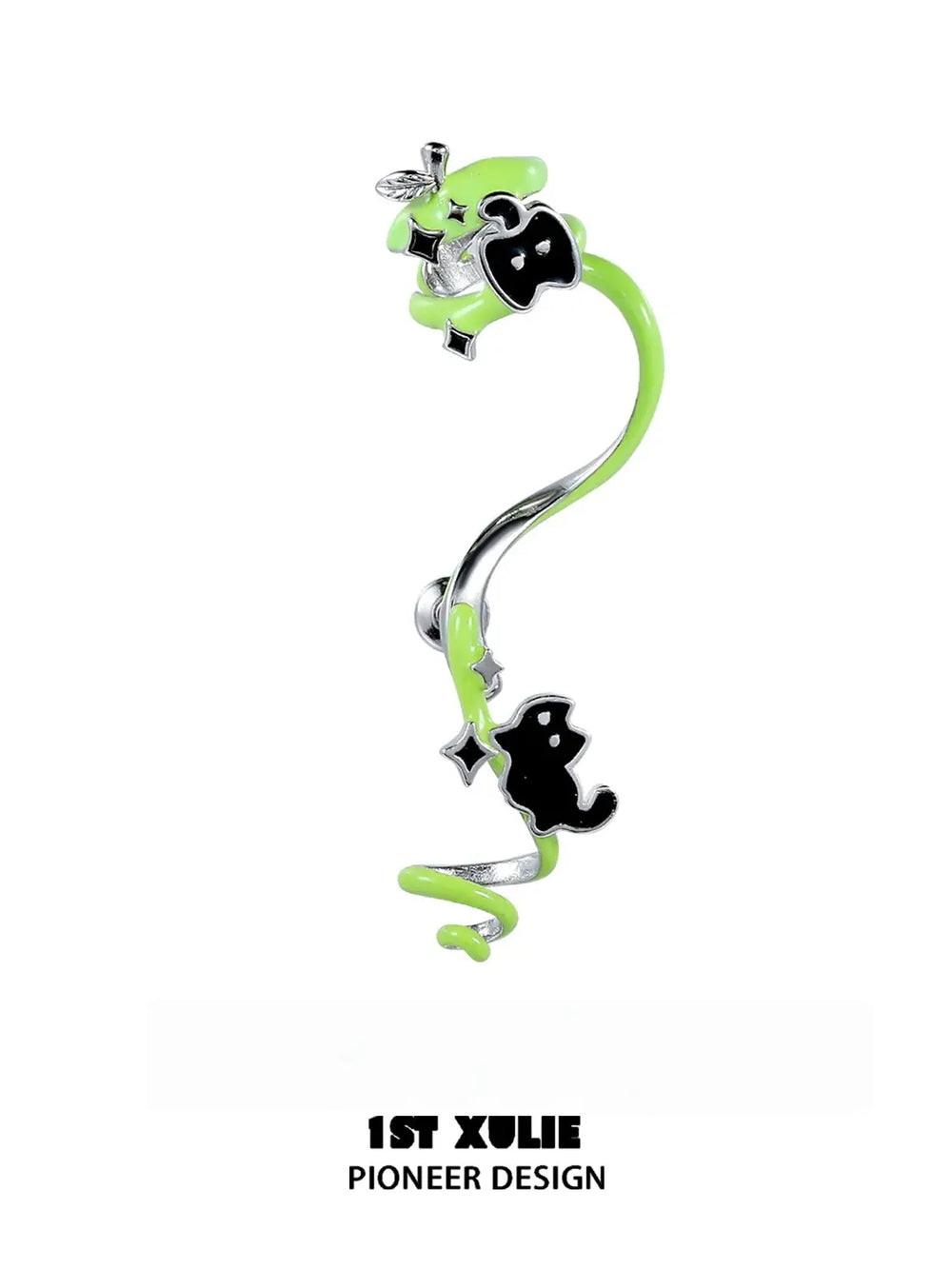 1ST XULIE "Cuties' Appleland" Cyclone Apple Statement Dangle EarHooks in Platinum Plated Brass - Side View
