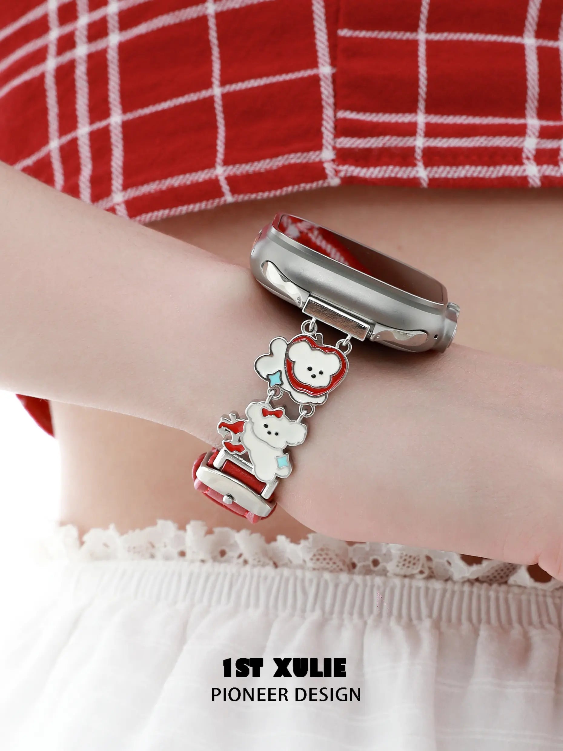 1ST XULIE "Cuties' Appleland" Dainty Black Cat Charm Apple Watch Band in 18K Gold Plated & Microfiber Leather - Angled View
