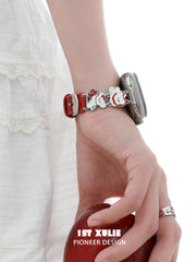 1ST XULIE "Cuties' Appleland" Dainty Black Cat Charm Apple Watch Band in 18K Gold Plated & Microfiber Leather - Detail Shot