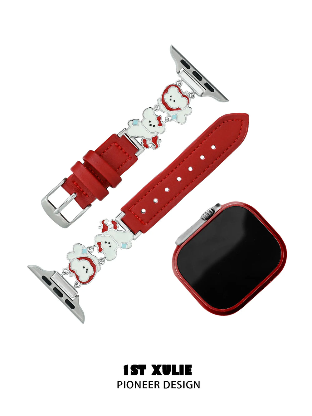 1ST XULIE "Cuties' Appleland" Dainty Black Cat Charm Apple Watch Band in 18K Gold Plated & Microfiber Leather - Product View