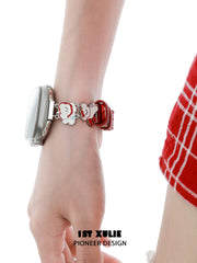 1ST XULIE "Cuties' Appleland" Dainty Black Cat Charm Apple Watch Band in 18K Gold Plated & Microfiber Leather - Side View