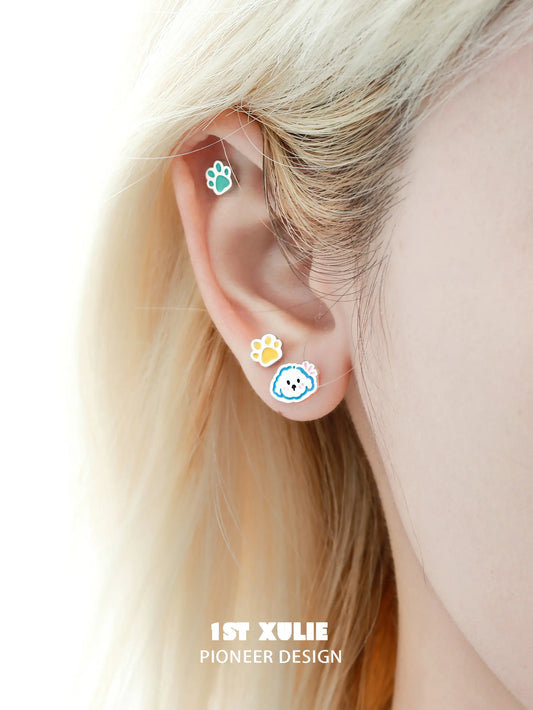 1ST XULIE "Angel Cuties" Dainty Colorful Paw Print Stud Earrings in 925 Sterling Silver - Product View