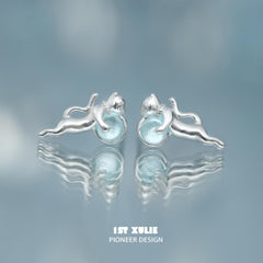 1ST XULIE "Lucky Cat" Dainty Cute Cat Crystal Studs in 925 Sterling Silver - Close-up On Model