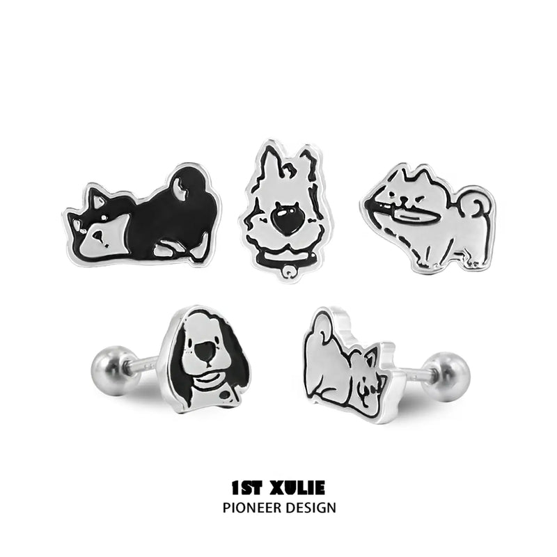 1ST XULIE "Graffiti" Dainty Enamel Puppy Stud Earrings in 925 Sterling Silver - Detail Shot