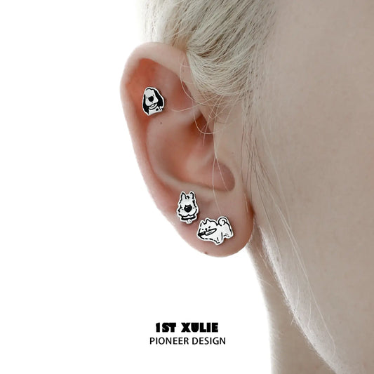 1ST XULIE "Graffiti" Dainty Enamel Puppy Stud Earrings in 925 Sterling Silver - Product View