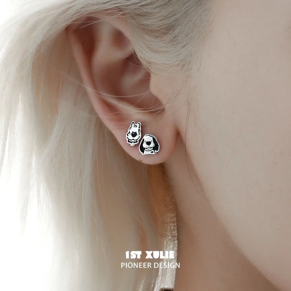 1ST XULIE "Graffiti" Dainty Enamel Puppy Stud Earrings in 925 Sterling Silver - Side View