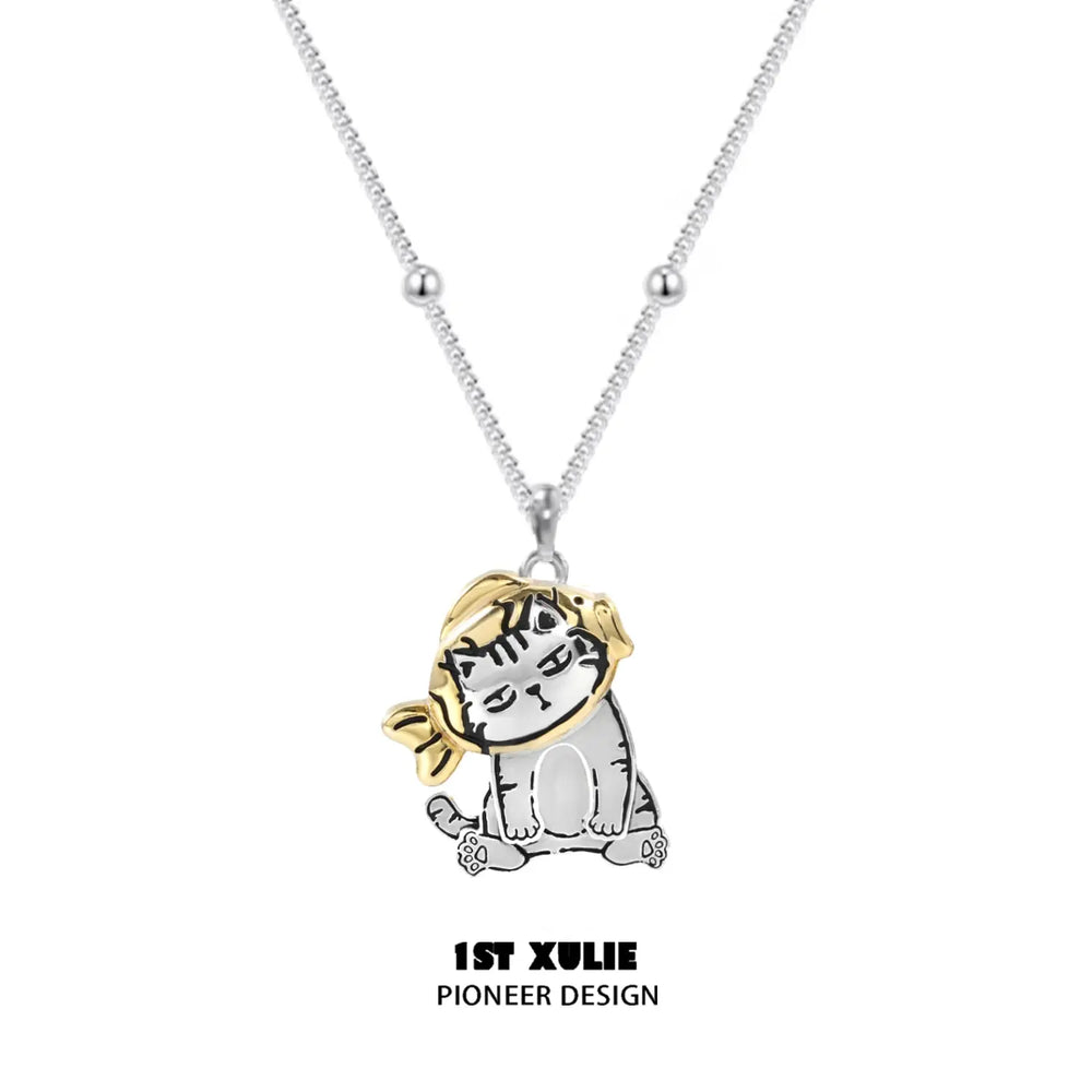 1ST XULIE "Graffiti Kitten" Dainty Lazy Kitten Charm Necklace in 925 Sterling Silver - Product View