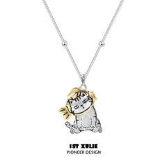 1ST XULIE "Graffiti Kitten" Dainty Lazy Kitten Charm Necklace in 925 Sterling Silver - Product View