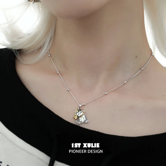 1ST XULIE "Graffiti Kitten" Dainty Lazy Kitten Charm Necklace in 925 Sterling Silver - On Model Close-Up