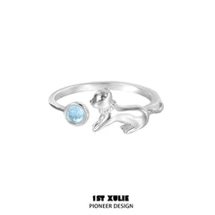 1ST XULIE "Lucky Cat" Dainty Adjustable Open Crystal Ring in 925 Sterling Silver - Product View
