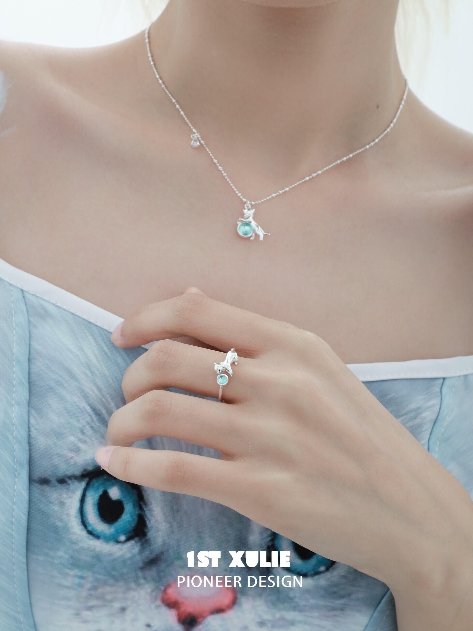 1ST XULIE "Lucky Cat" Dainty Adjustable Open Crystal Ring in 925 Sterling Silver - Side View