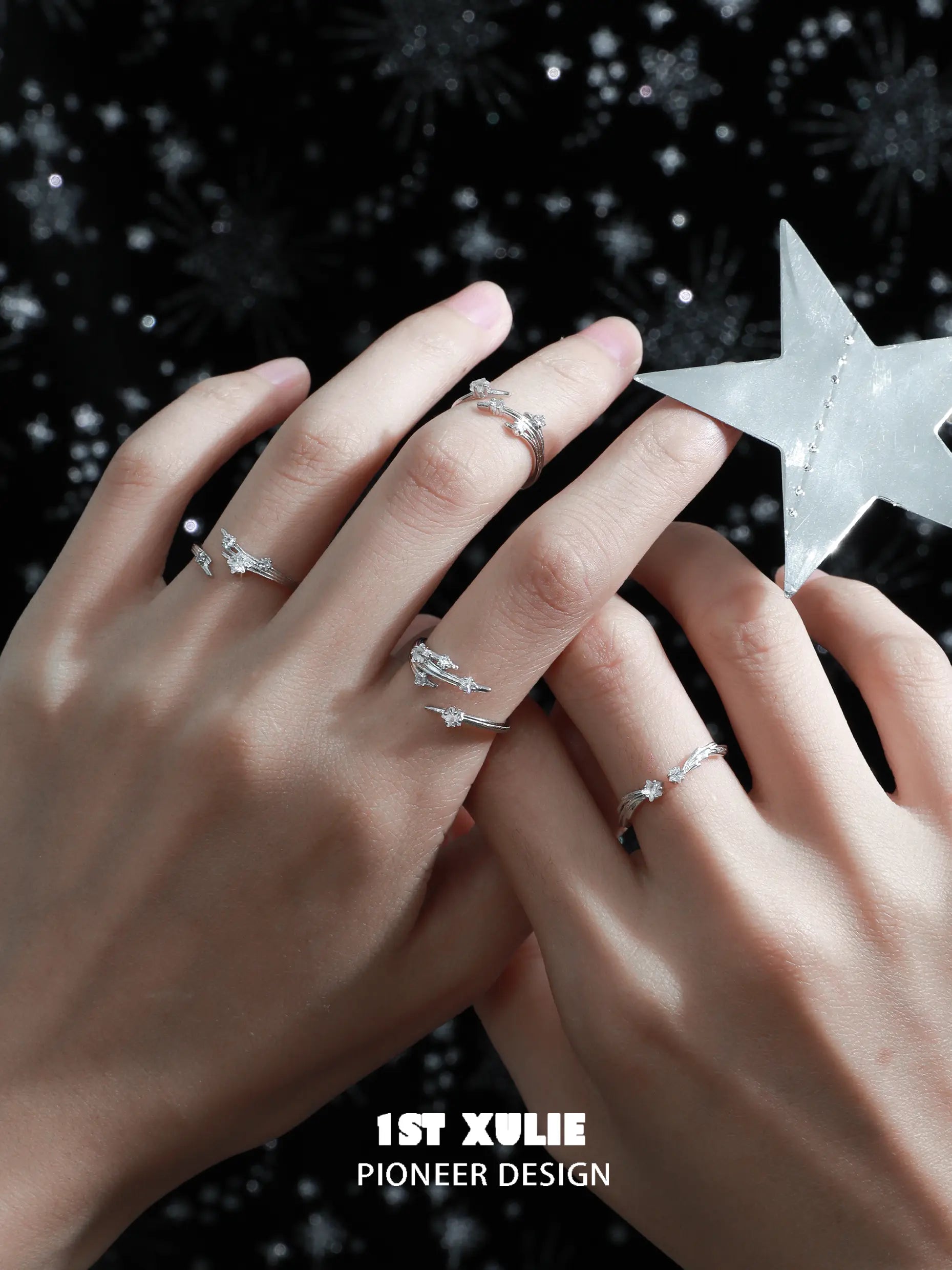 1ST XULIE "Meteor" Dainty Meteor Trail Adjustable Ring in 925 Sterling Silver - Detail Shot