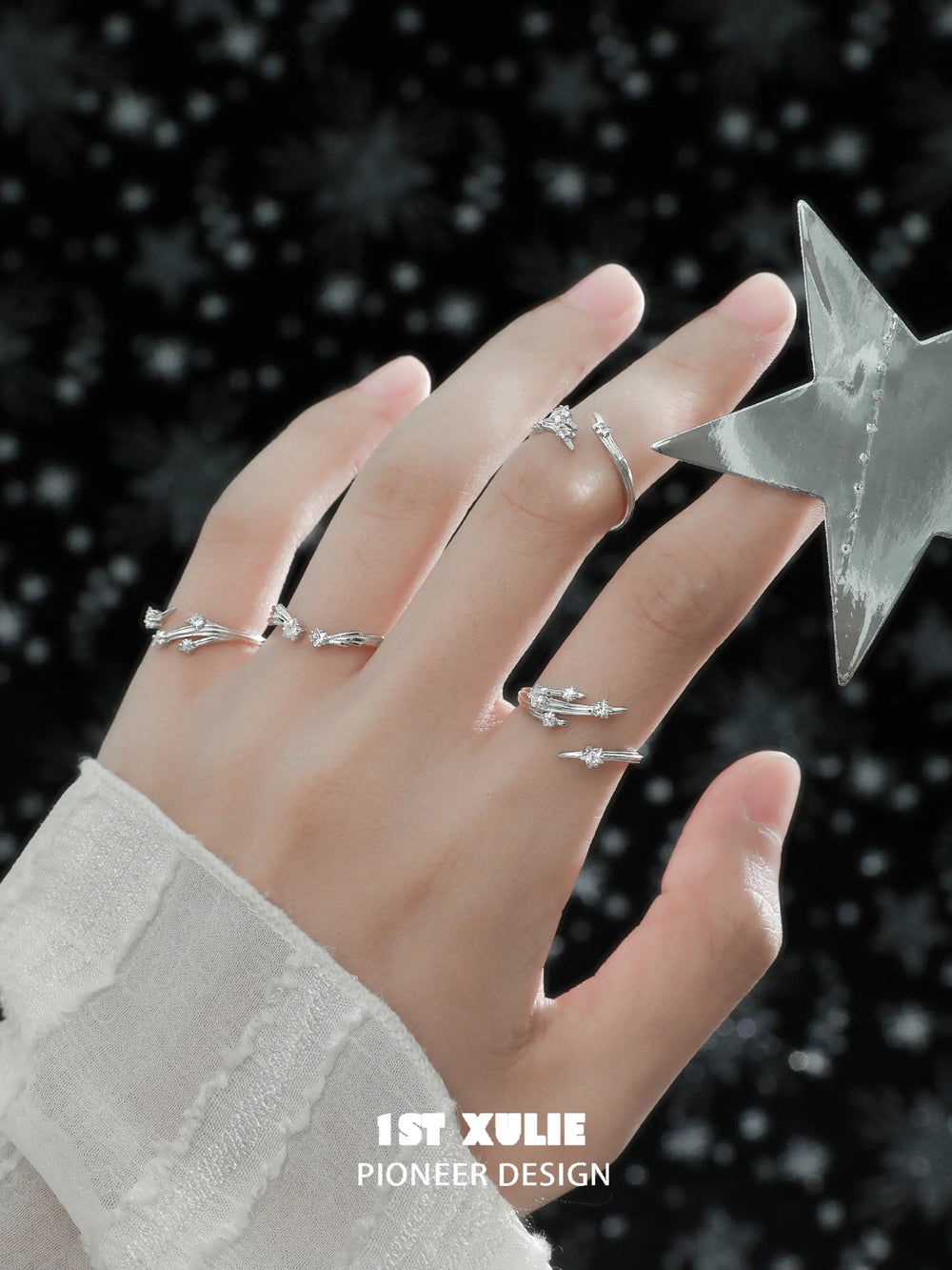 1ST XULIE "Meteor" Dainty Meteor Trail Adjustable Ring in 925 Sterling Silver - On Model
