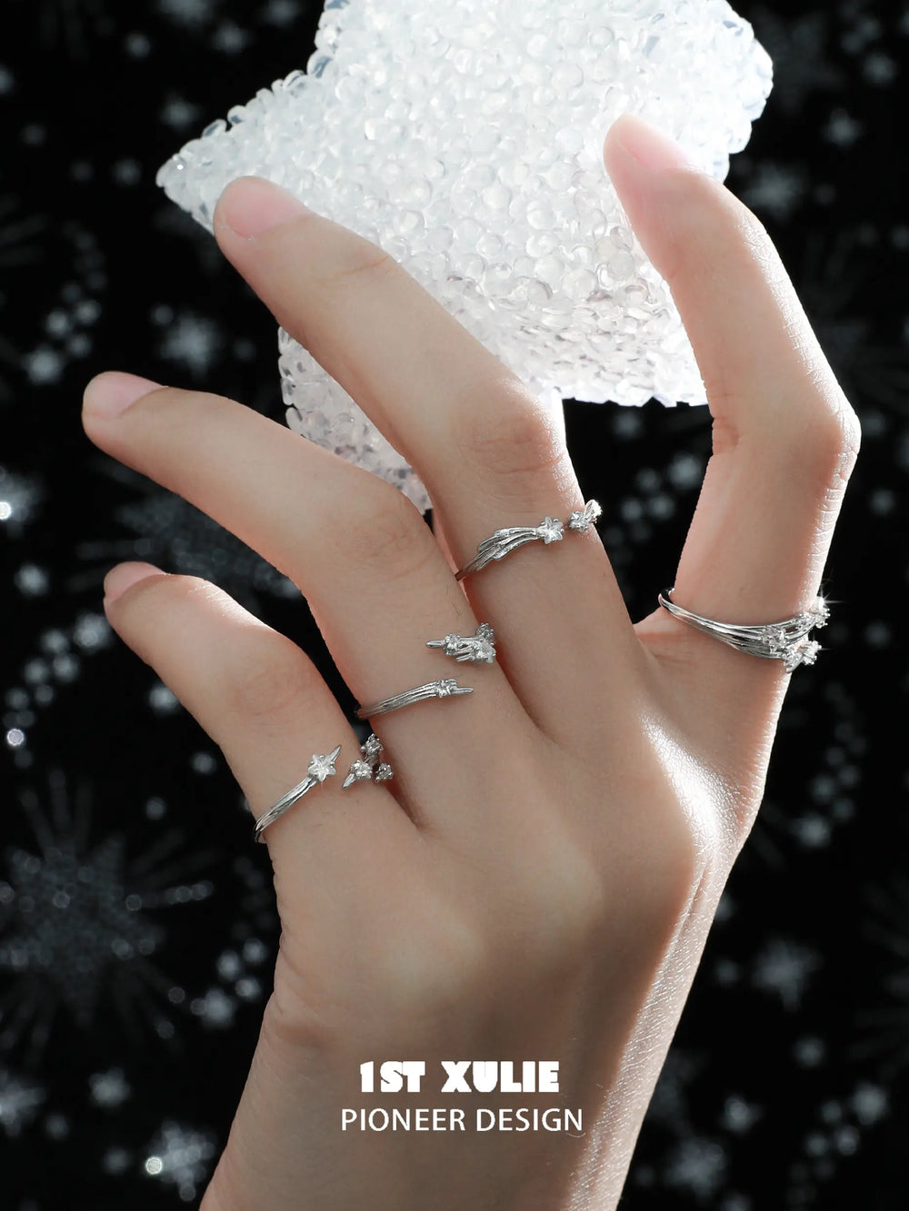 1ST XULIE "Meteor" Dainty Meteor Trail Adjustable Ring in 925 Sterling Silver - On Model Close Up