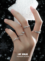 1ST XULIE "Meteor" Dainty Meteor Trail Adjustable Ring in 925 Sterling Silver - On Model Close Up