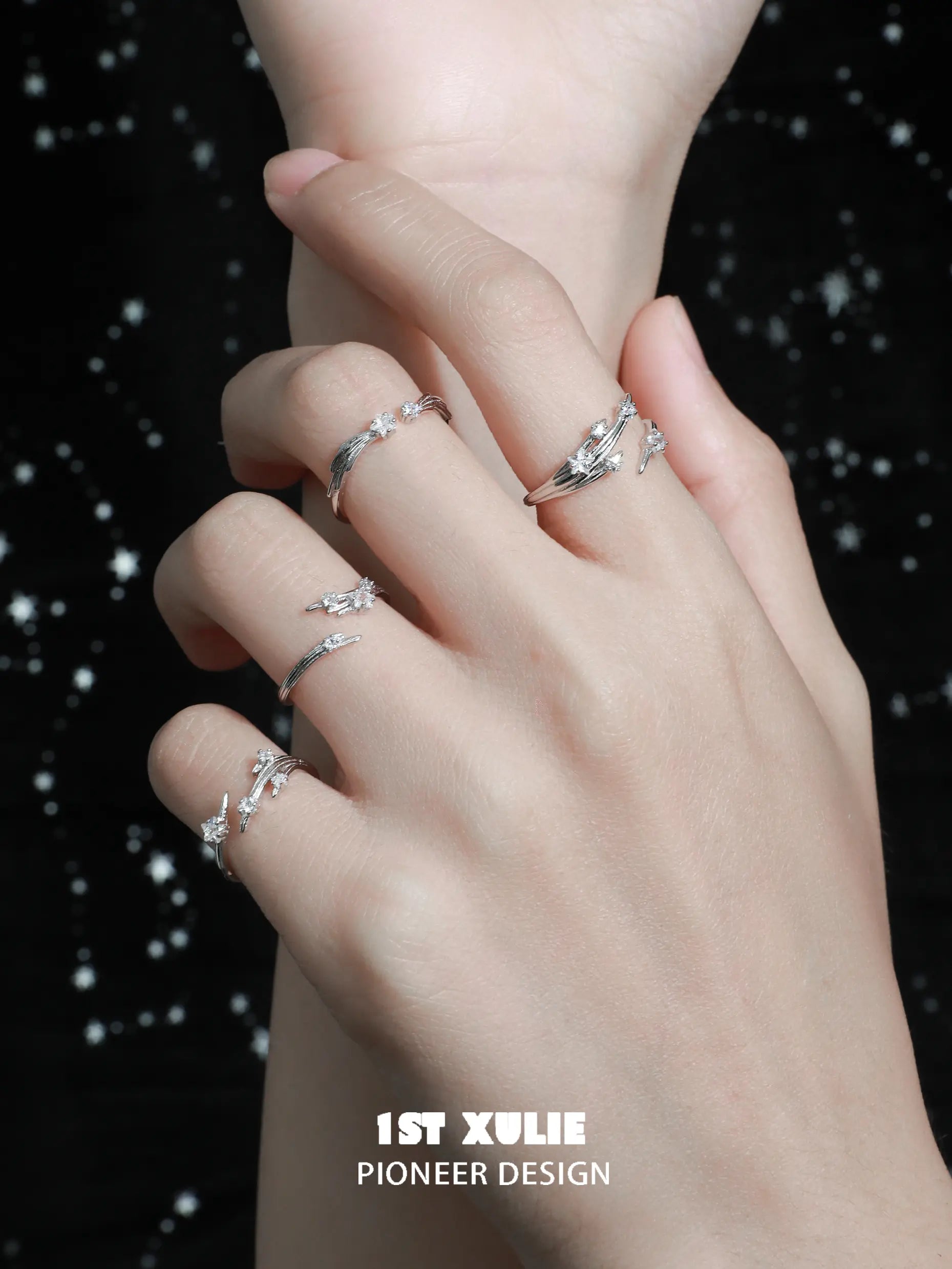 1ST XULIE "Meteor" Dainty Meteor Trail Adjustable Ring in 925 Sterling Silver - Texture Detail