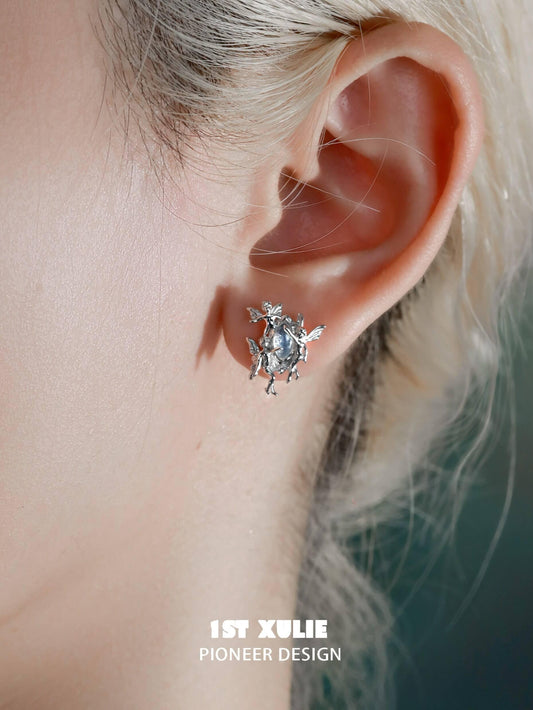 1ST XULIE "Blue Sky" Dainty Opal Genie Stud Earrings in 925 Sterling Silver - Product View