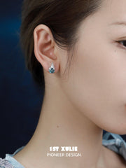 1ST XULIE "The Sea" Dainty Sea Glass Crystal Stud Earrings in 925 Sterling Silver - Detail Shot